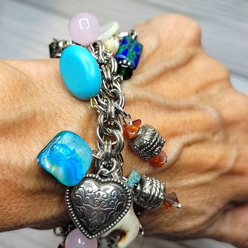 Chunky Silver Tone Loaded Charm Bracelet Upcycled From Broken Vintage Jewelry